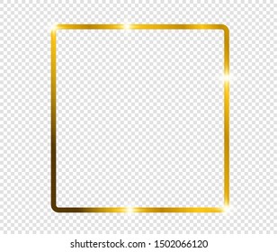 Gold shiny glowing frame with shadows isolated on transparent background. Golden luxury vintage realistic rectangle border. illustration - Vector