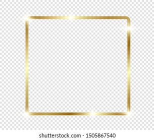 Gold shiny glowing frame with shadows isolated on transparent background. Golden luxury vintage realistic rectangle border. illustration - Vector