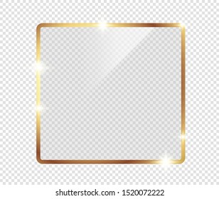 Gold shiny glowing frame with shadows isolated on transparent background. Golden luxury vintage realistic rectangle border. illustration - Vector