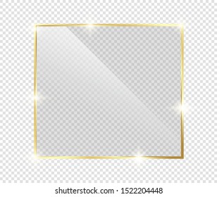 Gold shiny glowing frame with shadows isolated on transparent background. Golden luxury vintage realistic rectangle border. illustration - Vector