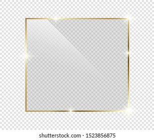 Gold shiny glowing frame with shadows isolated on transparent background. Golden luxury vintage realistic rectangle border. illustration - Vector