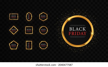 Gold shiny glowing frames for black Friday. Sale banner, poster, logo.