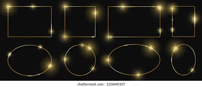 Gold shiny glowing frames set with shadows isolated on black background. Pack of luxury realistic square, round, oval borders. Vector illustration
