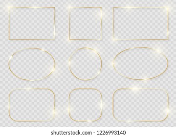 Gold shiny glowing frames set with shadows isolated on transparent background. Pack of luxury realistic square, rectangle, round, oval borders. Vector illustration