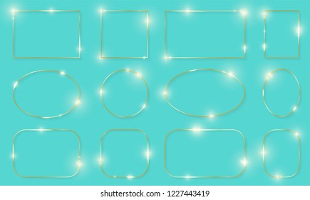 Gold shiny glowing frames set with shadows isolated on turquoise background. Pack of luxury realistic square, round, oval borders. Vector illustration
