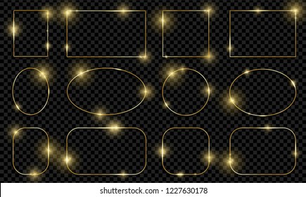 Gold shiny glowing frames set with shadows isolated on transparent background. Pack of luxury realistic square, round, oval borders. Vector illustration