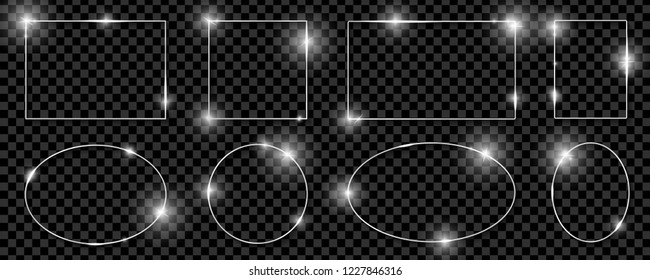 Gold shiny glowing frames set with shadows isolated on transparent background. Pack of luxury realistic square, round, oval borders. Vector illustration