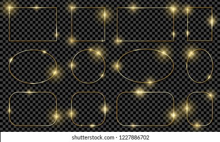 Gold shiny glowing frames set with shadows isolated on transparent background. Pack of luxury realistic square, round, oval borders. Vector illustration