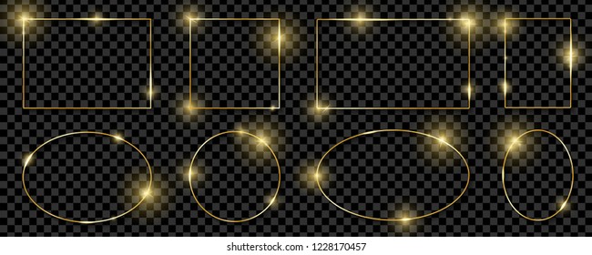 Gold shiny glowing frames set with shadows isolated on transparent background. Pack of luxury realistic square, round, oval borders. Vector illustration