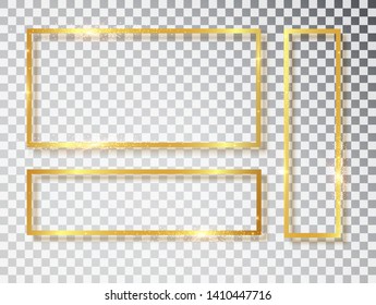Gold shiny glowing frames set with shadows isolated on transparent background. Pack of luxury realistic square, rectangle, borders. Vector illustration.