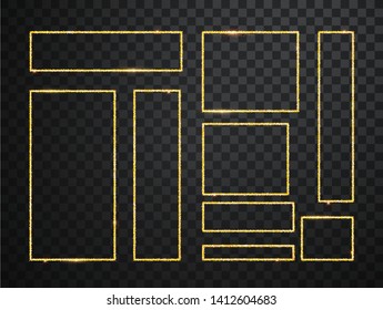 Gold shiny glowing frames set with shadows isolated on transparent background. Pack of luxury realistic square, round, oval borders. Vector illustration.
