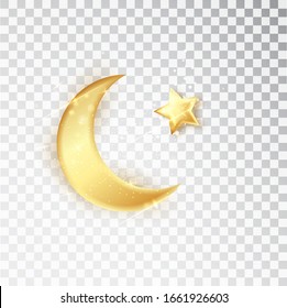 Gold glänzende Halbmonde mit Stern einzeln auf weißem Hintergrund. Crescent Islamic für Ramadan Kareem Design Element. Vektorillustration.