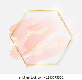 Gold Shiny Glowing Hexagon Frame With Rose Pastel Brush Strokes Isolated On White Background. Golden Luxury Line Border For Invitation, Card, Sale, Fashion, Wedding, Photo Etc. Vector Illustration