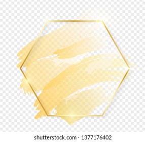 Gold shiny glowing hexon frame with golden brush strokes isolated on transparent background. Golden luxury line border for invitation, card, sale, fashion, wedding, photo etc. Vector illustration