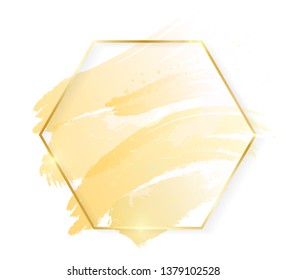 Gold shiny glowing hexon frame with golden brush strokes isolated on white background. Golden luxury line border for invitation, card, sale, fashion, wedding, photo etc. Vector illustration