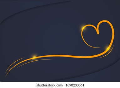 Gold shiny glowing line heart on black background. Golden luxury background for invitation, card, sale, fashion, wedding, valentines. Vector illustration