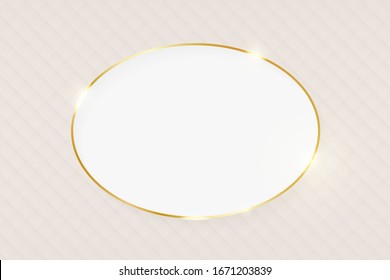 Gold shiny glowing luxury oval greeting card on beige skin background. Golden luxury realistic border card. Wedding, mothers or Valentines day concept. Xmas and New Year abstract. Vector illustration