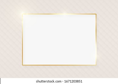 Gold shiny glowing luxury rectangle greeting card on beige skin background. Golden luxury realistic border card. Wedding, mothers or Valentines day concept. Xmas and New Year abstract. Vector