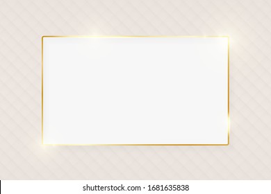 Gold shiny glowing luxury rectangle greeting card on beige skin background. Golden luxury realistic border card. Wedding, mothers or Valentines day concept. Xmas and New Year abstract. Vector