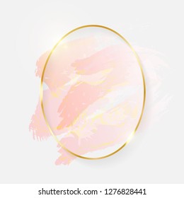 Gold shiny glowing oval frame with rose pastel brush strokes isolated on white background. Golden luxury line border for invitation, card, sale, fashion, wedding, photo etc. Vector illustration