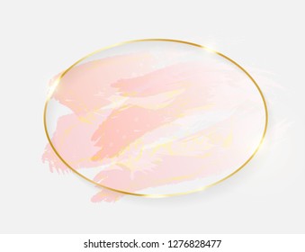 Gold shiny glowing oval frame with rose pastel brush strokes isolated on white background. Golden luxury line border for invitation, card, sale, fashion, wedding, photo etc. Vector illustration