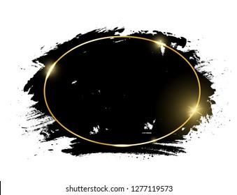 Gold shiny glowing oval frame with grunge black brush strokes isolated on white background. Golden luxury line border for invitation, card, sale, fashion, advertising, photo etc. Vector illustration