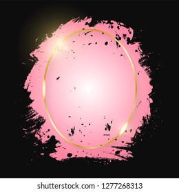 Gold shiny glowing oval frame with pink brush strokes isolated on black background. Golden line border for invitation, card, sale, fashion, wedding, print etc. Woman, Valentine or mother day. Vector