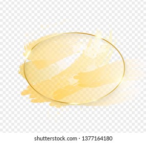 Gold shiny glowing oval frame with golden brush strokes isolated on transparent background. Golden luxury line border for invitation, card, sale, fashion, wedding, photo etc. Vector illustration