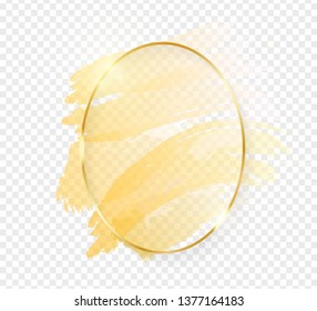 Gold shiny glowing oval frame with golden brush strokes isolated on transparent background. Golden luxury line border for invitation, card, sale, fashion, wedding, photo etc. Vector illustration