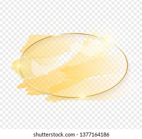 Gold shiny glowing oval frame with golden brush strokes isolated on transparent background. Golden luxury line border for invitation, card, sale, fashion, wedding, photo etc. Vector illustration