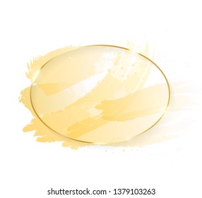 Gold shiny glowing oval frame with golden brush strokes isolated on white background. Golden luxury line border for invitation, card, sale, fashion, wedding, photo etc. Vector illustration