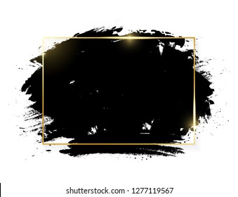 Gold shiny glowing rectange frame with grunge black brush strokes isolated on white background. Golden luxury line border for invitation, card, sale, fashion, advertising, photo. Vector illustration