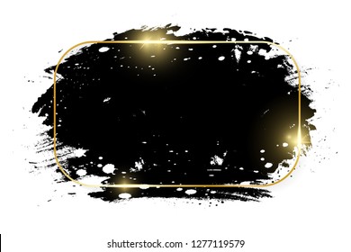 Gold shiny glowing rectange frame with grunge black brush strokes isolated on white background. Golden luxury line border for invitation, card, sale, fashion, advertising, photo. Vector illustration