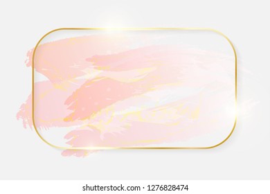 Gold shiny glowing rectangle frame with rose pastel brush strokes isolated on white background. Golden luxury line border for invitation, card, sale, fashion, wedding, photo etc. Vector illustration