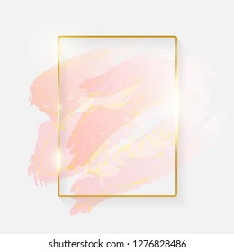 Gold shiny glowing rectangle frame with rose pastel brush strokes isolated on white background. Golden luxury line border for invitation, card, sale, fashion, wedding, photo etc. Vector illustration
