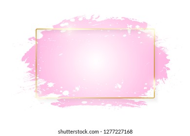 Gold shiny glowing rectangle frame with pink brush strokes isolated on white background. Golden line border for invitation, card, sale, fashion, wedding. Woman, Valentine or mother day concept. Vector