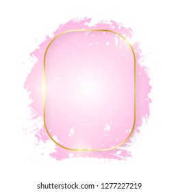 Gold shiny glowing rectangle frame with pink brush strokes isolated on white background. Golden line border for invitation, card, sale, fashion, wedding. Woman, Valentine or mother day concept. Vector