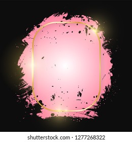 Gold shiny glowing rectangle frame with pink brush strokes isolated on black background. Golden line border for invitation, card, sale, fashion, wedding, print. Woman, Valentine or mother day. Vector