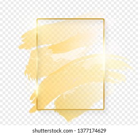 Gold shiny glowing rectangle frame with golden brush strokes isolated on transparent background. Golden luxury line border for invitation, card, sale, fashion, wedding, photo etc. Vector illustration