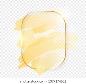 Gold shiny glowing rectangle frame with golden brush strokes isolated on transparent background. Golden luxury line border for invitation, card, sale, fashion, wedding, photo etc. Vector illustration
