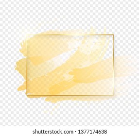 Gold shiny glowing rectangle frame with golden brush strokes isolated on transparent background. Golden luxury line border for invitation, card, sale, fashion, wedding, photo etc. Vector illustration