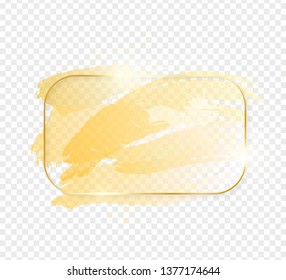 Gold shiny glowing rectangle frame with golden brush strokes isolated on transparent background. Golden luxury line border for invitation, card, sale, fashion, wedding, photo etc. Vector illustration
