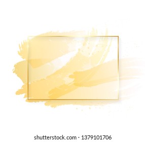 Gold shiny glowing rectangle frame with golden brush strokes isolated on white background. Golden luxury line border for invitation, card, sale, fashion, wedding, photo etc. Vector illustration