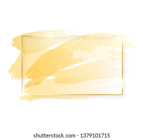 Gold shiny glowing rectangle frame with golden brush strokes isolated on white background. Golden luxury line border for invitation, card, sale, fashion, wedding, photo etc. Vector illustration