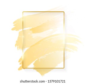 Gold shiny glowing rectangle frame with golden brush strokes isolated on white background. Golden luxury line border for invitation, card, sale, fashion, wedding, photo etc. Vector illustration