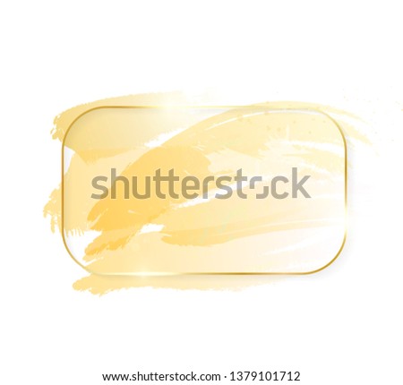 Gold shiny glowing rectangle frame with golden brush strokes isolated on white background. Golden luxury line border for invitation, card, sale, fashion, wedding, photo etc. Vector illustration