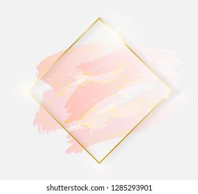 Gold shiny glowing rhombus frame with rose pastel brush strokes isolated on white background. Golden luxury line border for invitation, card, sale, fashion, wedding, photo etc. Vector illustration