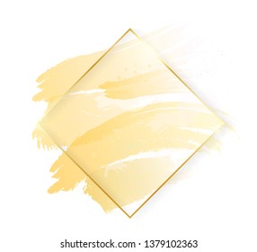 Gold shiny glowing rhombus frame with golden brush strokes isolated on white background. Golden luxury line border for invitation, card, sale, fashion, wedding, photo e