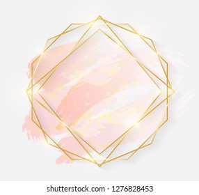 Gold shiny glowing round frame with rose pastel brush strokes isolated on white background. Golden luxury line border for invitation, card, sale, fashion, wedding, photo etc. Vector illustration