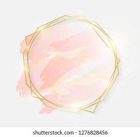 Gold shiny glowing round frame with rose pastel brush strokes isolated on white background. Golden luxury line border for invitation, card, sale, fashion, wedding, photo etc. Vector illustration